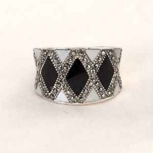 VTG Onyx Mother of Pearl Mosaic Inlay Sterling Silver Harlequin Ring Sz 9-1/4